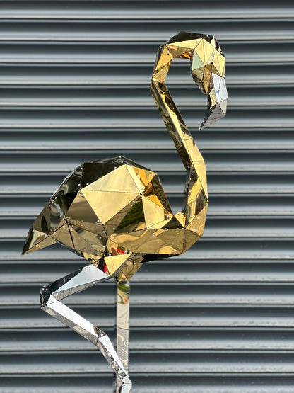 Luxury gold and silver geometric flamingo sculpture with a polished mirrored finish