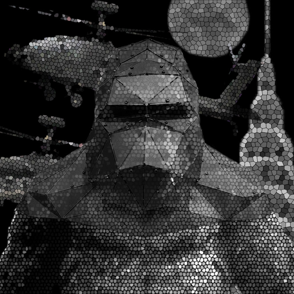 Low-poly black metal gorilla bust sculpture in front of a halftone dotted gorilla artwork