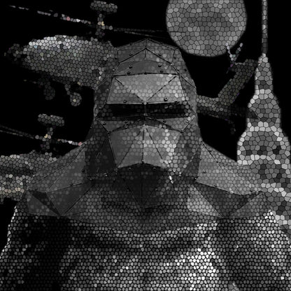 Low-poly black metal gorilla bust sculpture in front of a halftone dotted gorilla artwork