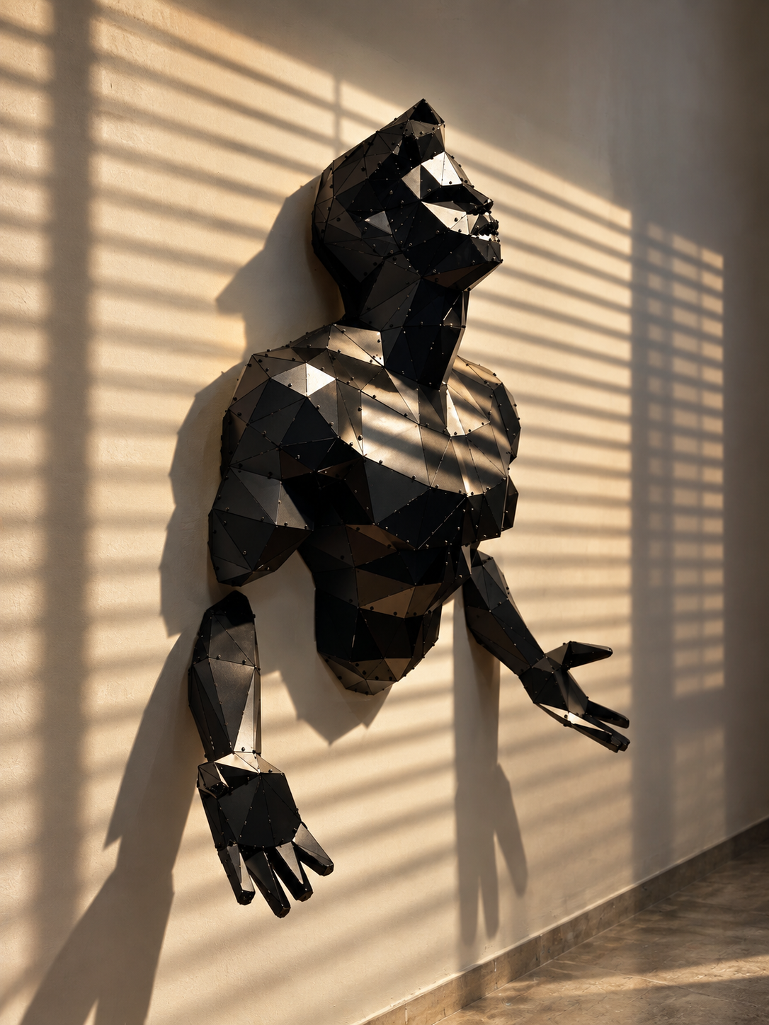Emerging Man wall sculpture a black 3D geometric metal human figure art piece.