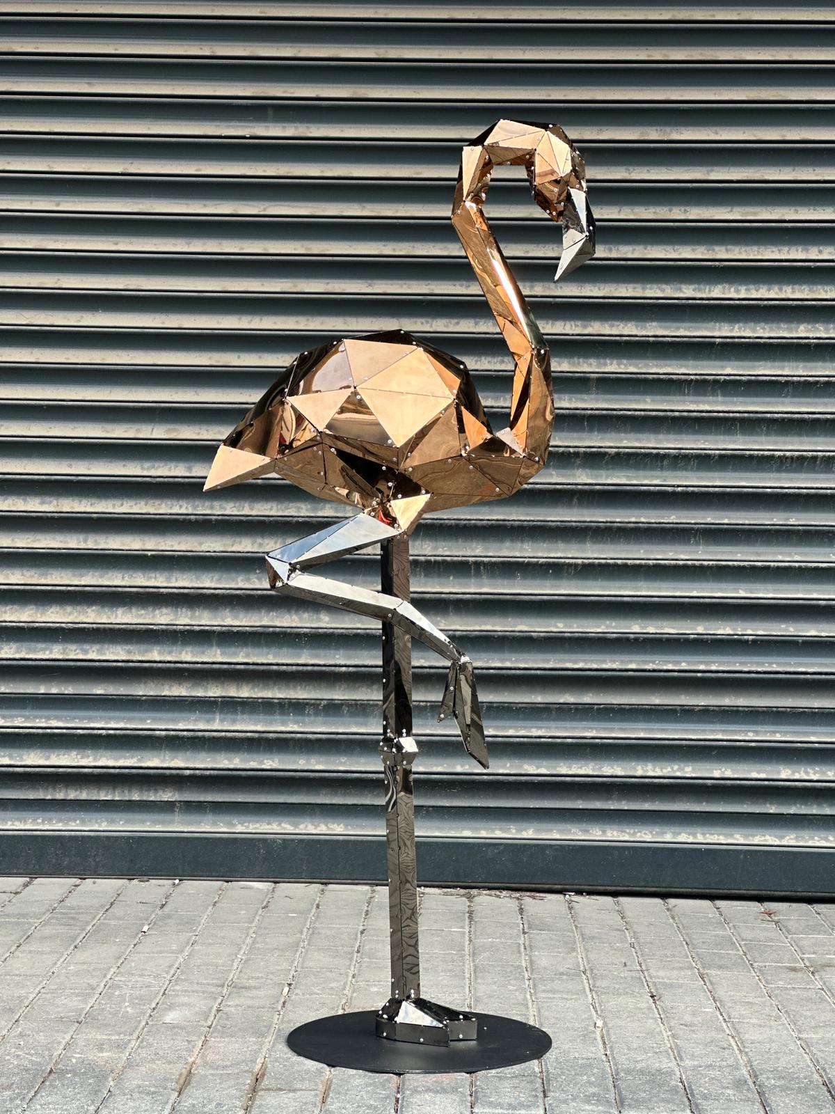 Geometric luxury metal flamingo sculpture in polished gold and silver finish
