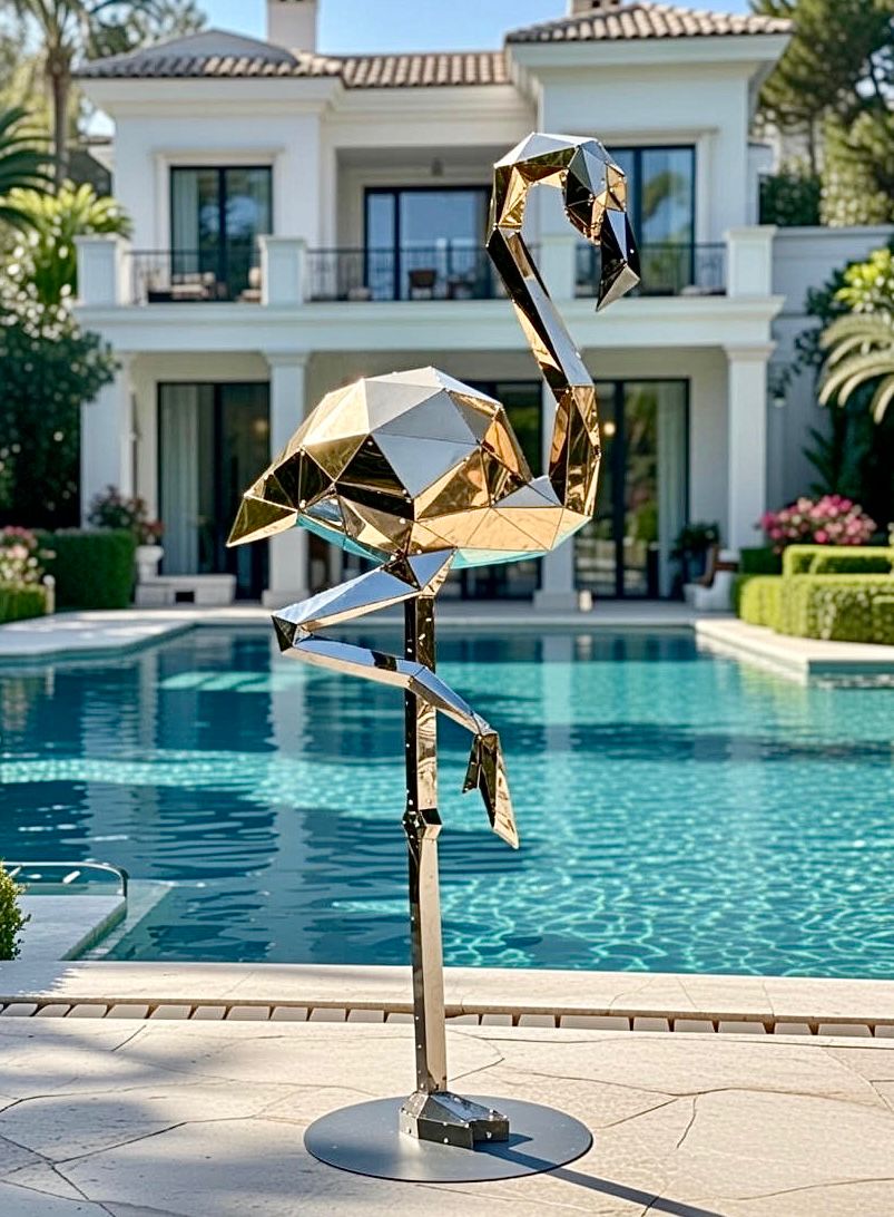 Luxury geometric gold metal flamingo sculpture by a swimming pool in front of a modern villa.