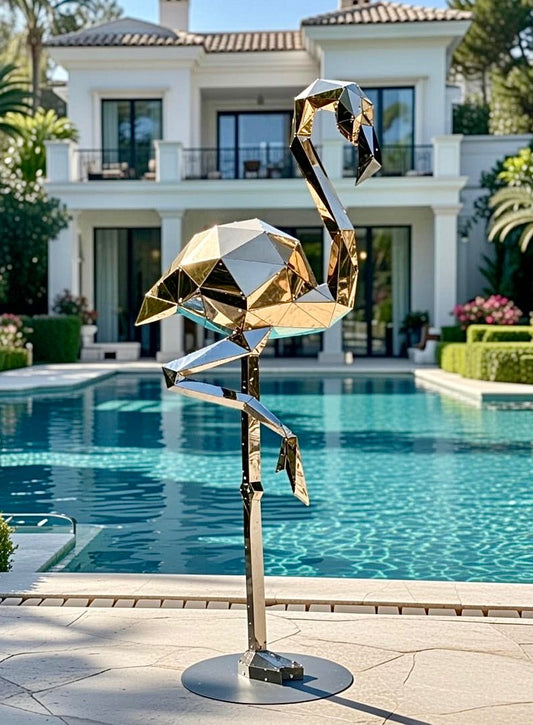 Luxury geometric gold metal flamingo sculpture by a swimming pool in front of a modern villa.
