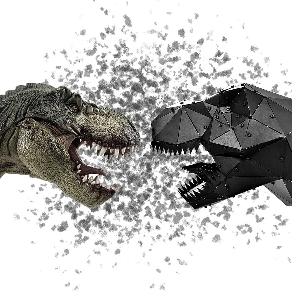 Comparison of a realistic T-Rex head and a geometric black metal T-Rex sculpture.