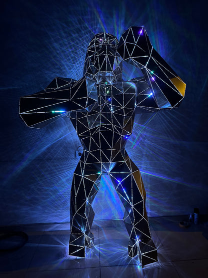 Geometric wireframe metal gorilla sculpture with integrated blue LED lighting