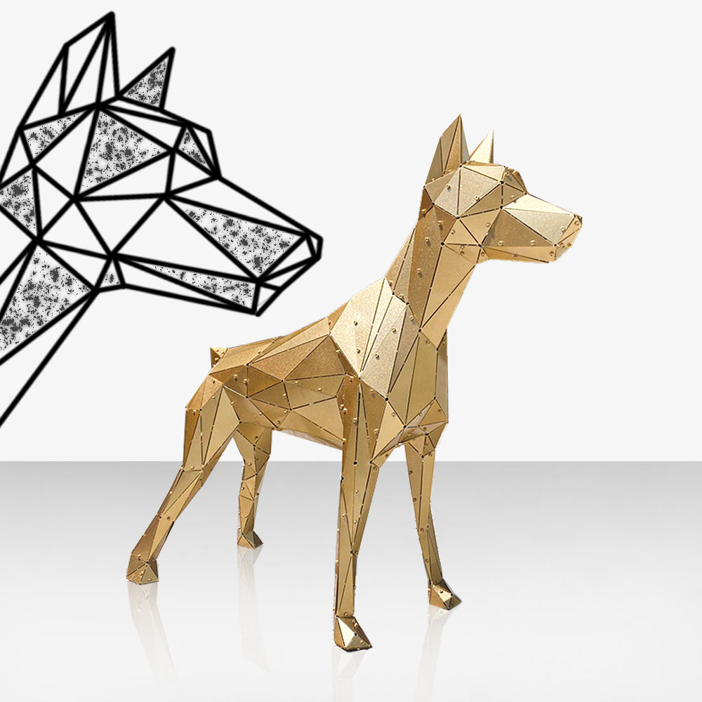 Gold low-poly metal dog sculpture with a geometric line art sketch in the background