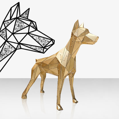 Gold low-poly metal dog sculpture with a geometric line art sketch in the background