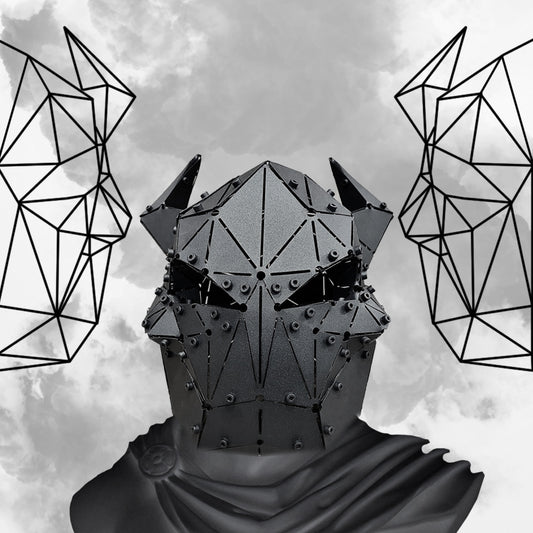 Handcrafted black metal geometric demon mask sculpture against a cloudy background.
