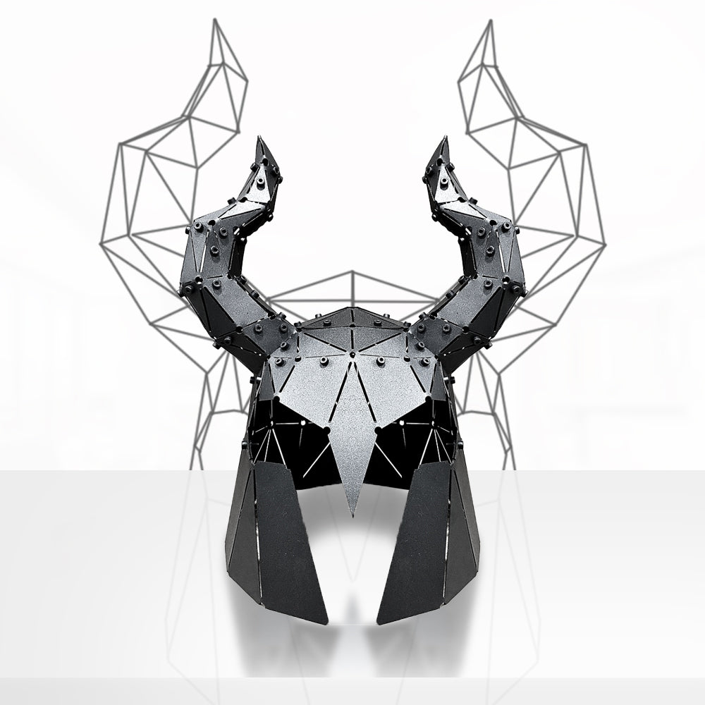 Handcrafted black metal low-poly sculpture of a horned mythological helmet.