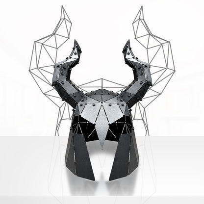 Handcrafted black metal low-poly sculpture of a horned mythological helmet.