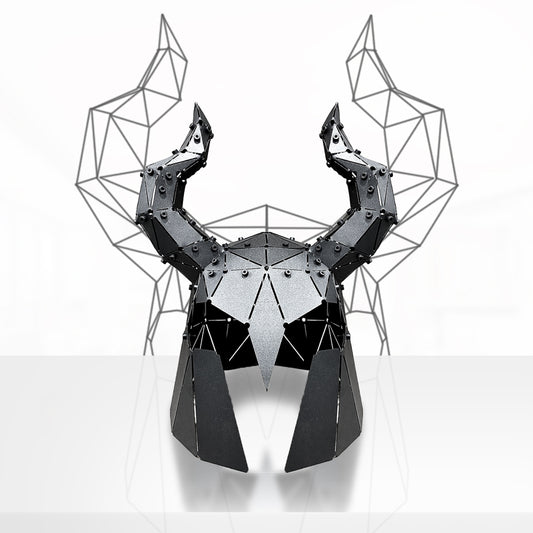 Handcrafted black metal low-poly sculpture of a horned mythological helmet.