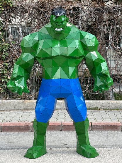 Handcrafted low-poly metal sculpture of the Hulk in green and blue.