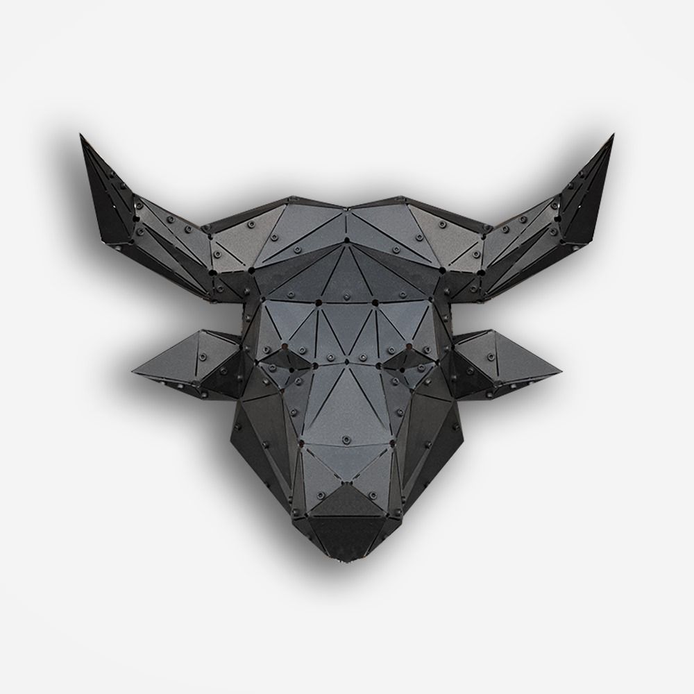 Low-poly black metal bull head sculpture with a geometric 3D design