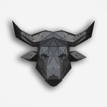 Low-poly black metal bull head sculpture with a geometric 3D design