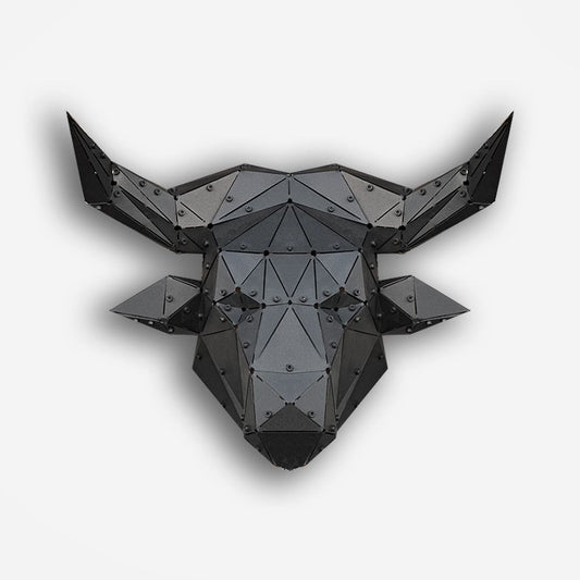 Low-poly black metal bull head sculpture with a geometric 3D design