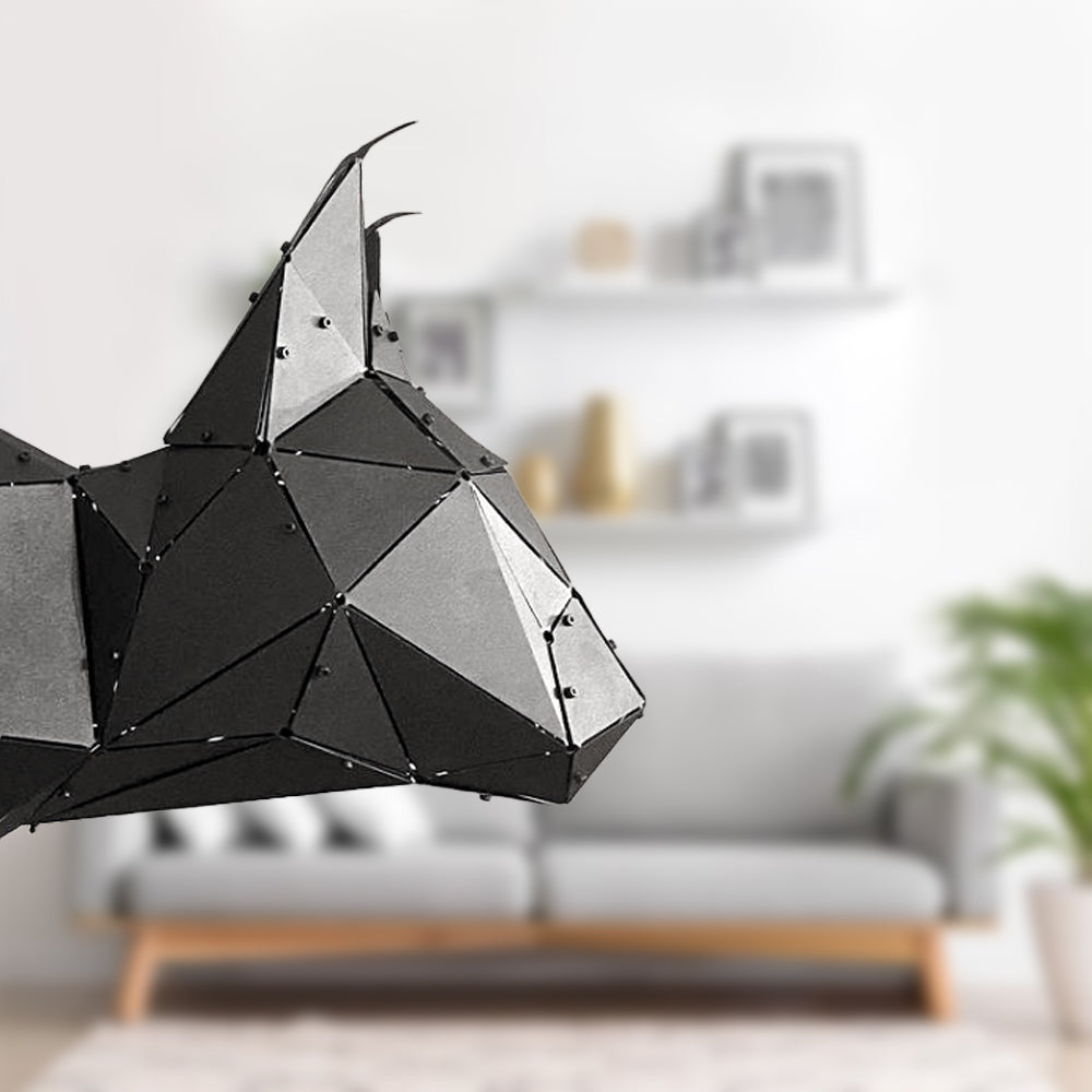 Low-poly geometric metal lynx head sculpture in a modern living room