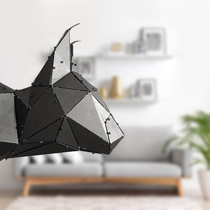 Low-poly geometric metal lynx head sculpture in a modern living room