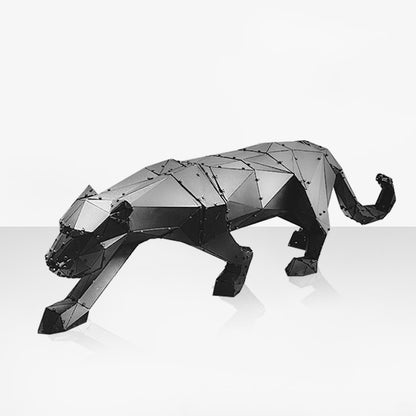 Low-poly handcrafted metal panther sculpture in a sleek black finish
