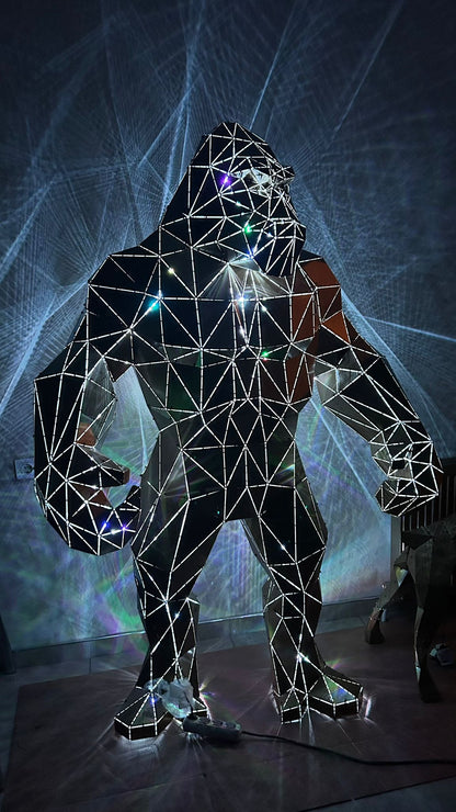 Luxury handcrafted geometric metal gorilla sculpture with integrated LED lighting