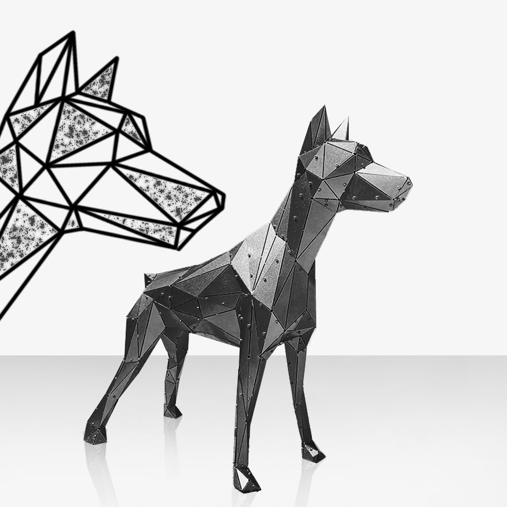 Luxury handcrafted geometric metal dog sculpture with a matching line art background.
