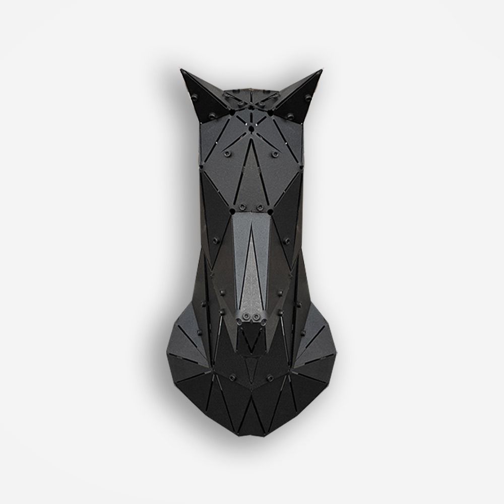 Modern geometric black metal sculpture of a horse head on a white background