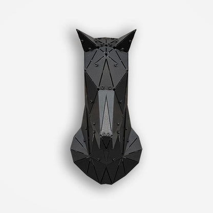 Modern geometric black metal sculpture of a horse head on a white background