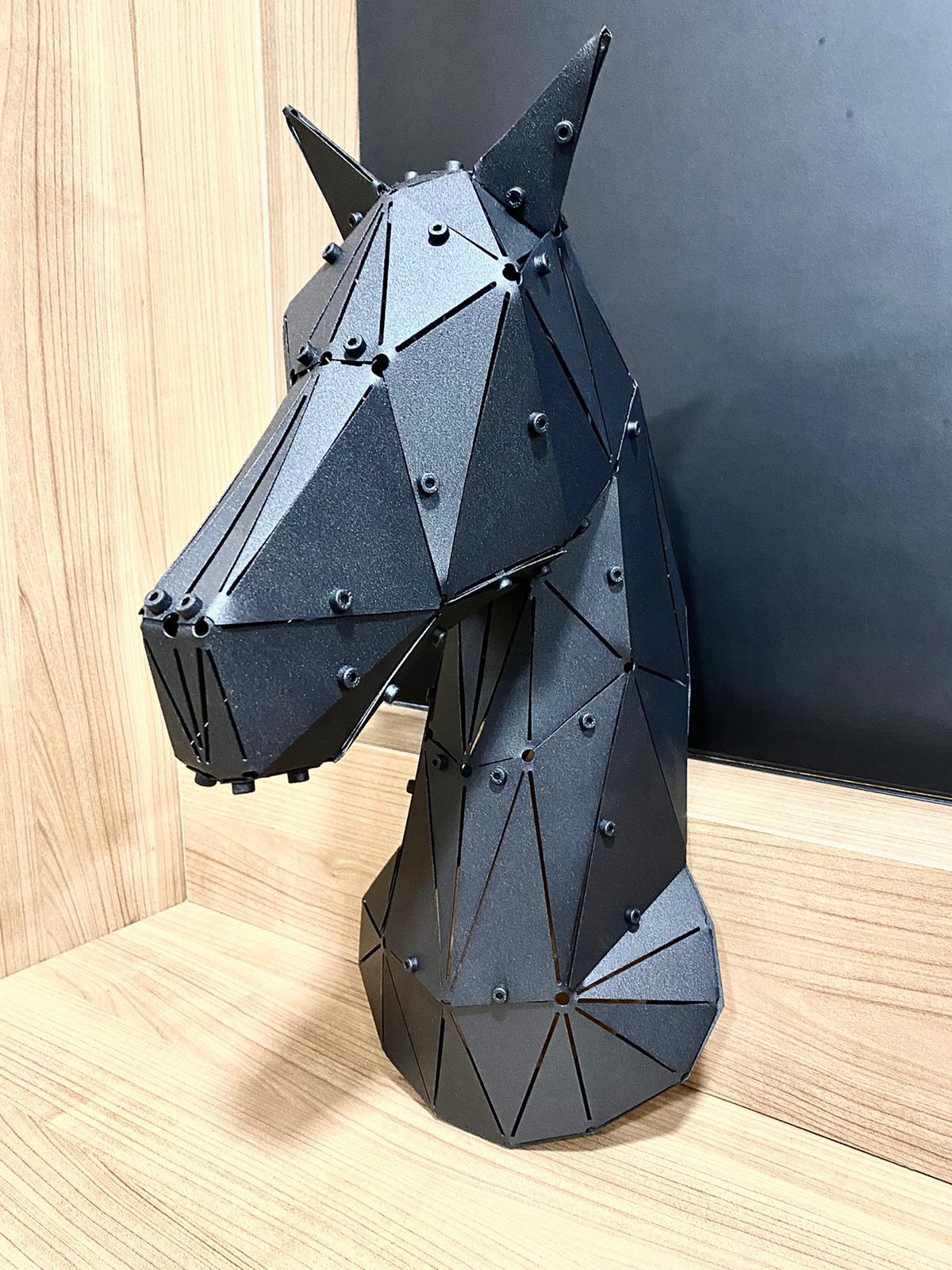 Modern geometric horse head sculpture made of matte black metal