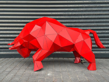 Red geometric 3D bull sculpture by Metart Atelier for indoor and outdoor garden decor
