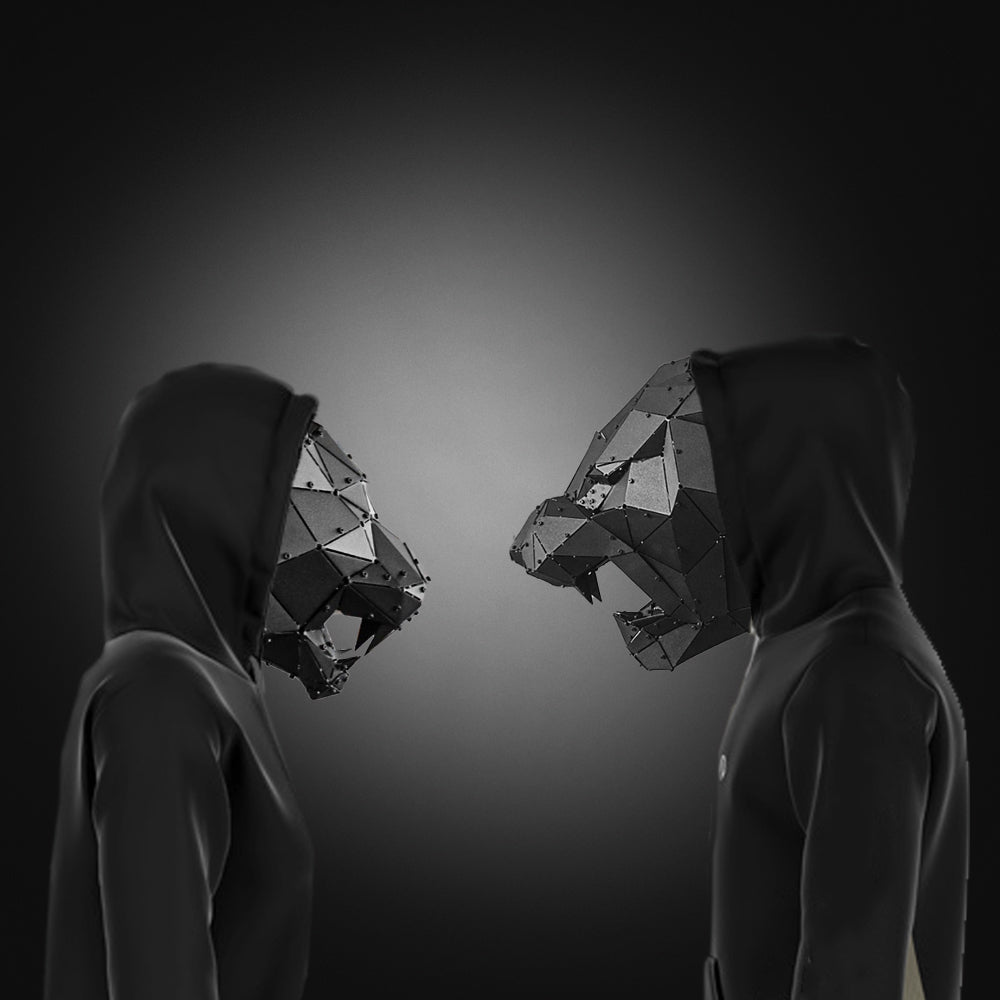 Two figures in black hoodies wearing geometric metal tiger masks facing each other