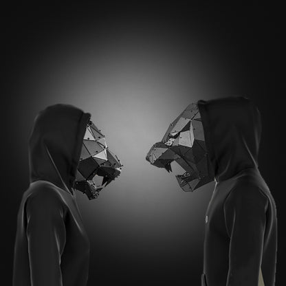 Two figures in black hoodies wearing geometric metal tiger masks facing each other